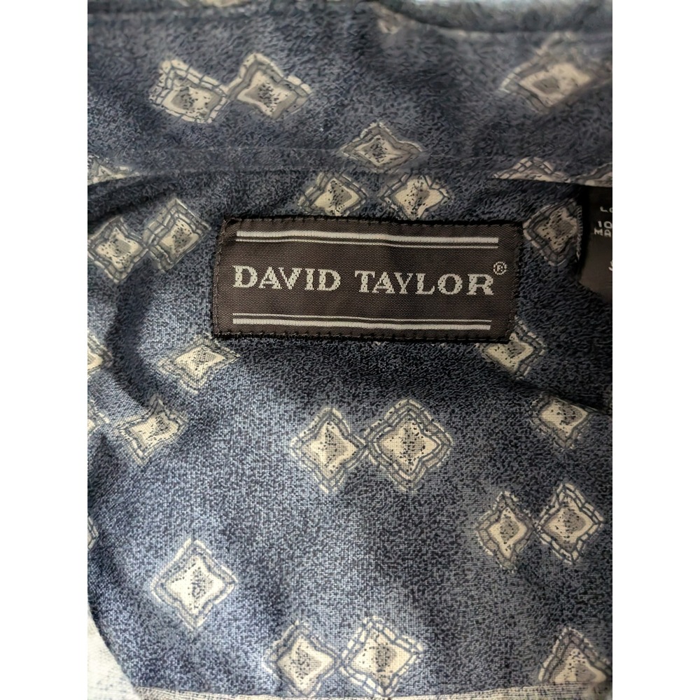 David Taylor Mens Medium Blue Geometric Diamond Print Cotton Button Down Shirt - Picture 2 of 7